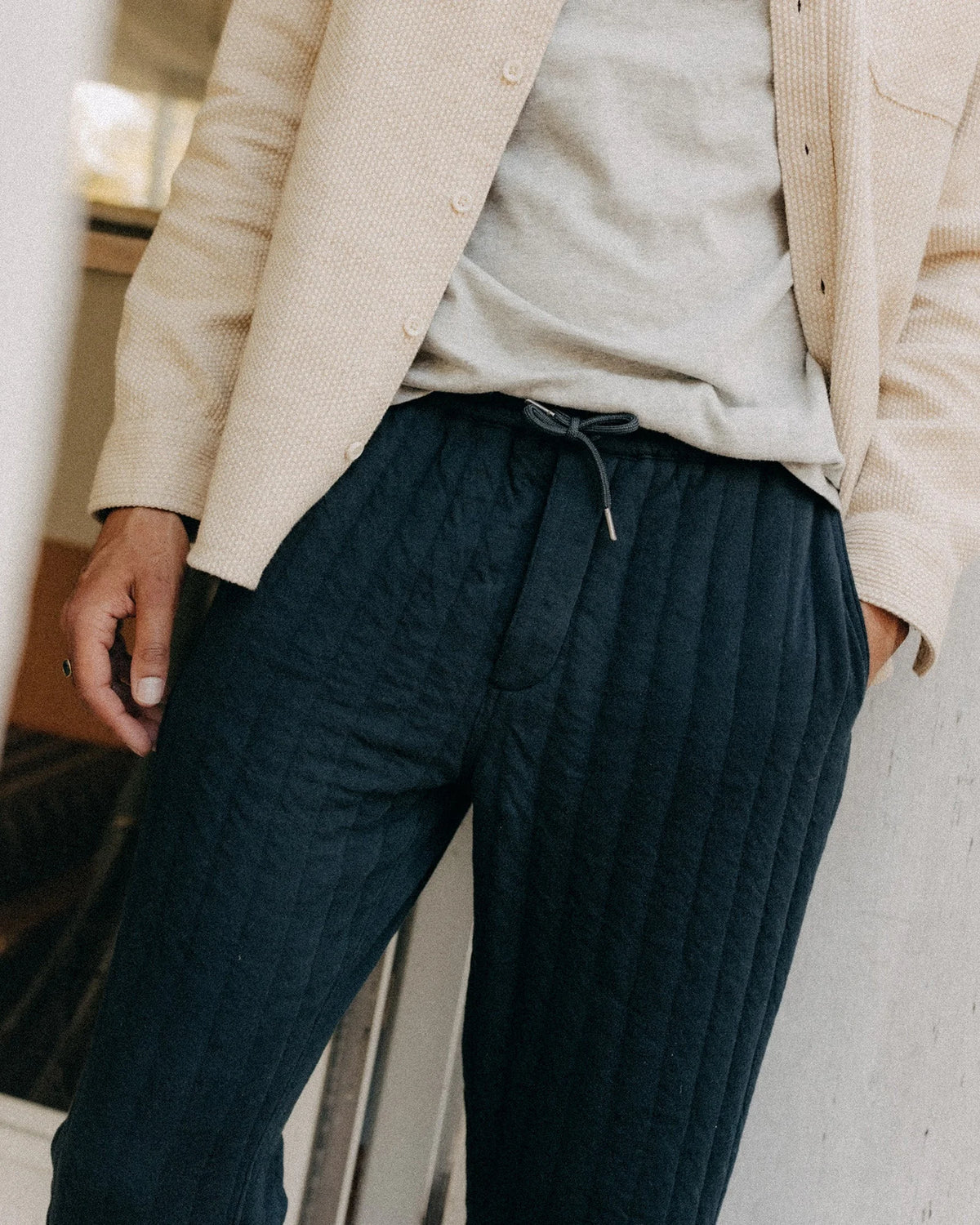 The Apres Pant in Heather Midnight Quilted Jersey