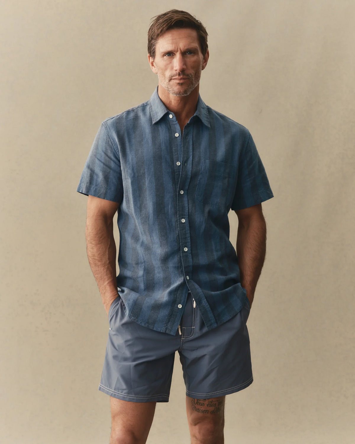The Short Sleeve California in Blue Stone Stripe Hemp